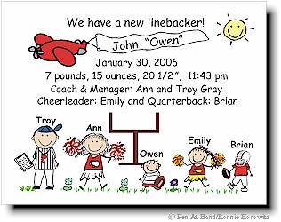 Pen At Hand Stick Figures Birth Announcements - Football Team (color)